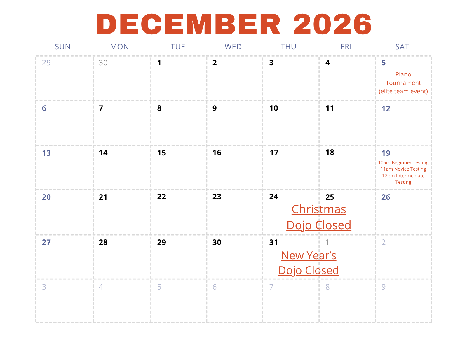 December 2026 class schedule