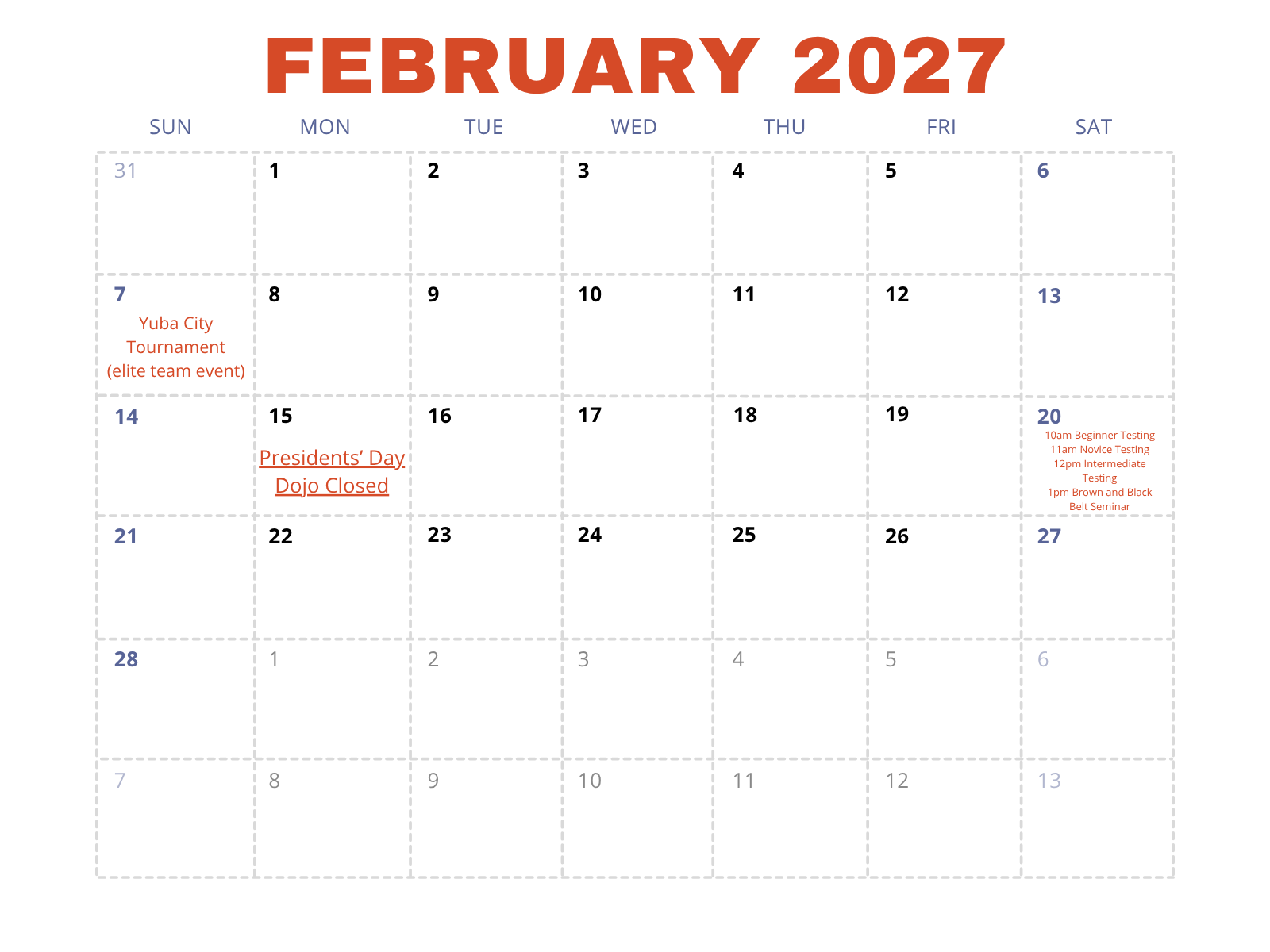 February 2027 class schedule