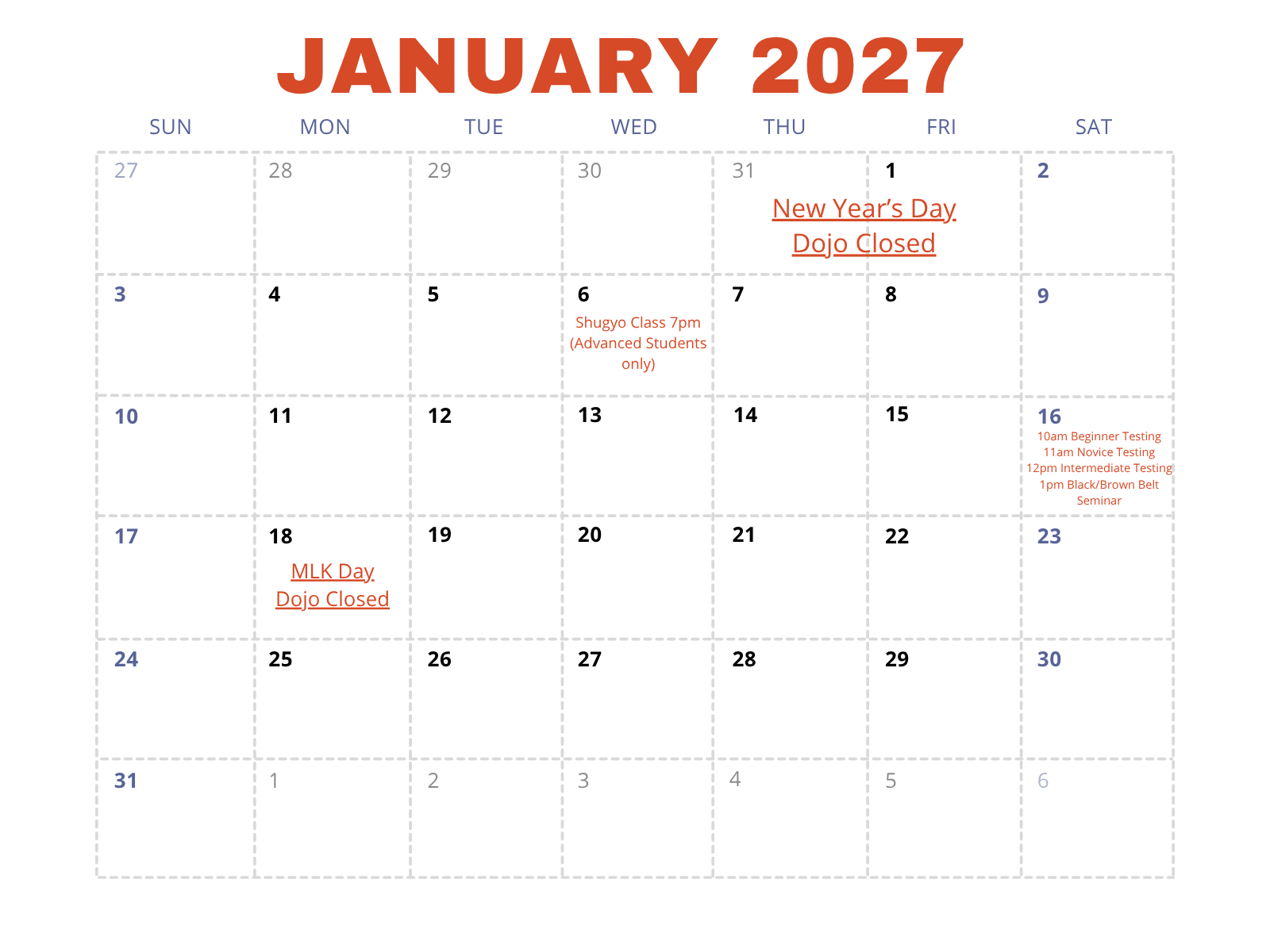 January 2027 class schedule