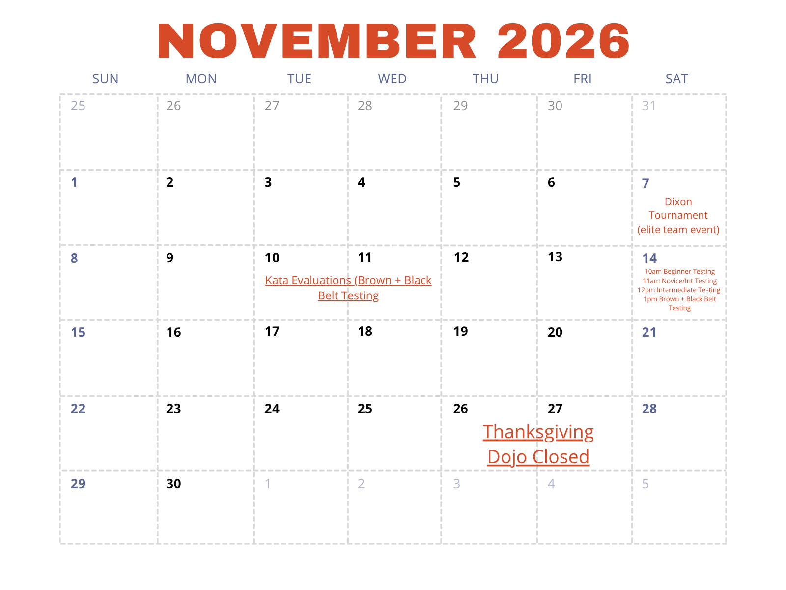 November 2026 class schedule