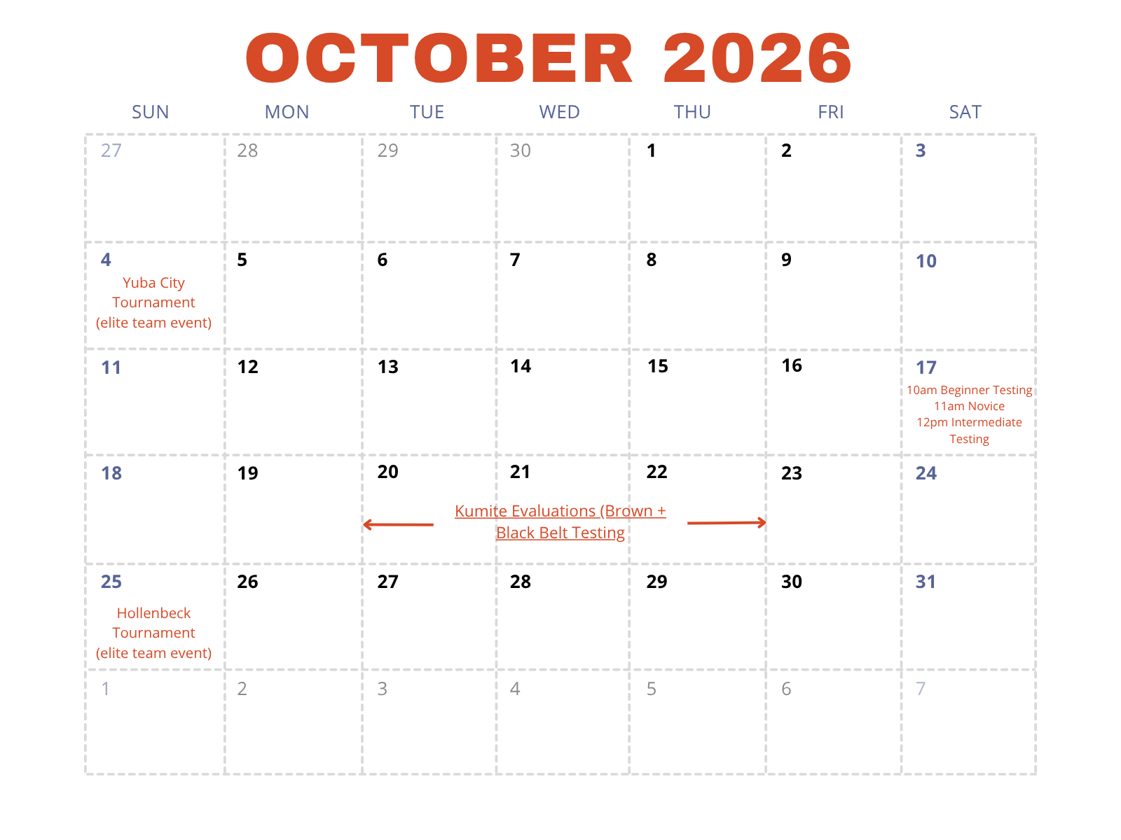 October 2026 class schedule
