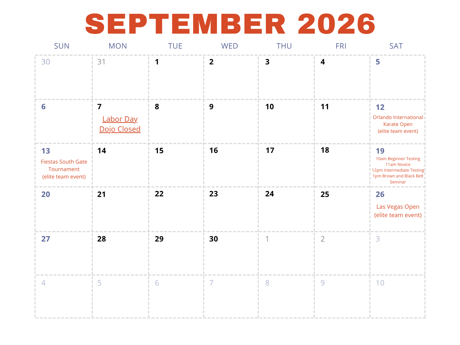 September 2026 class schedule